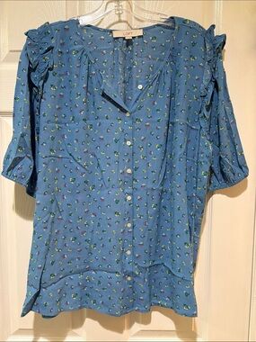 LOFT Blue Floral Ruffle-Sleeve Button Front Top